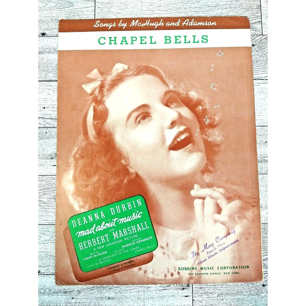 1938 Curly Hair Girl‎ CHAPEL BELLS Vintage Sheet Music Wall Art Deanna Durbin